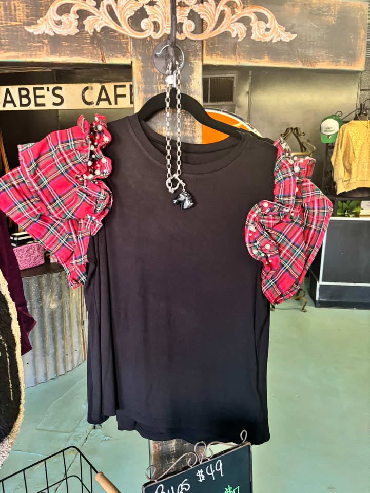 Black Fitted Shirt with Plaid Sleeves