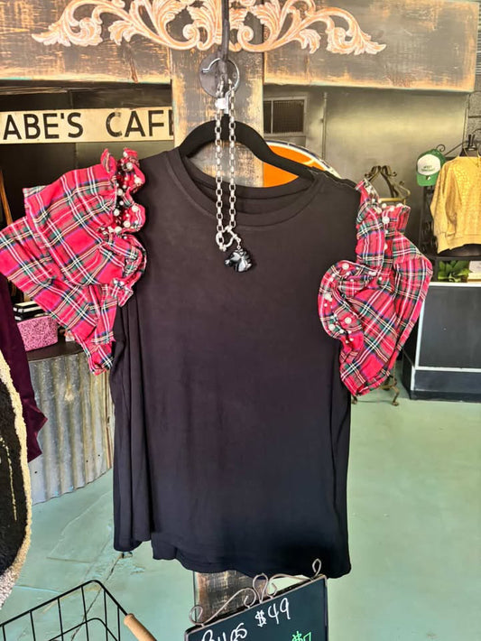 Black Fitted Shirt with Plaid Sleeves