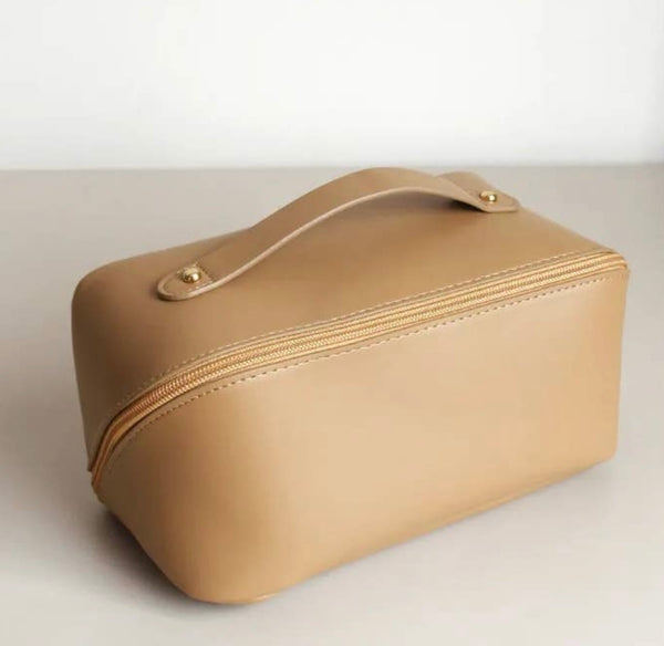 Tan Leather Makeup Cosmetics Bag