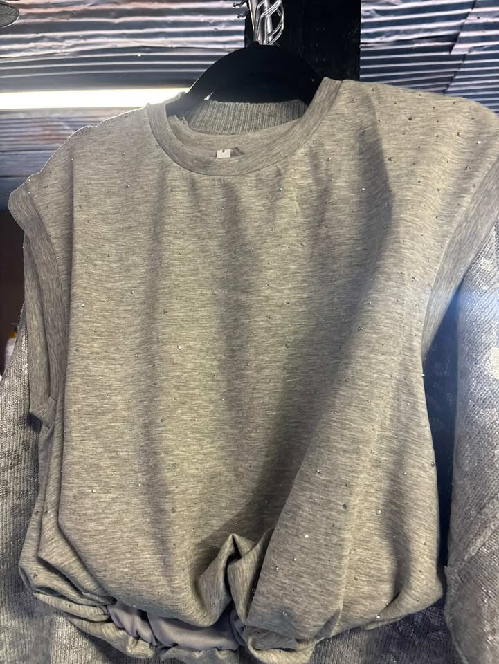 Grey Sleeveless Cropped Shirt with Rhinestones