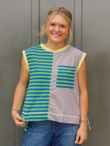Striped Color Block Sleeveless Top Green
