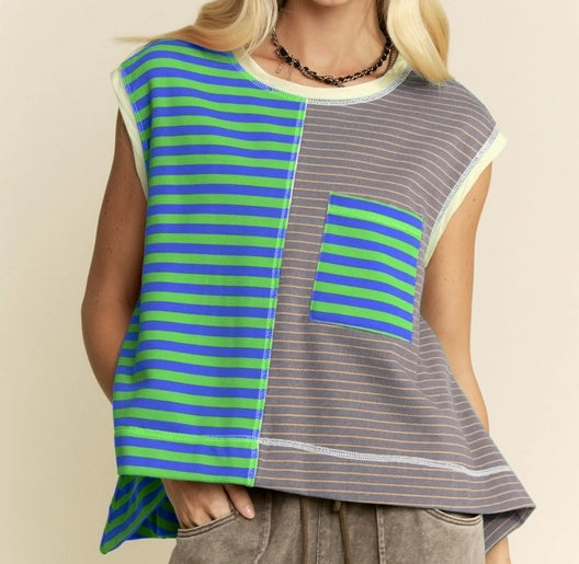 Striped Color Block Sleeveless Top Green
