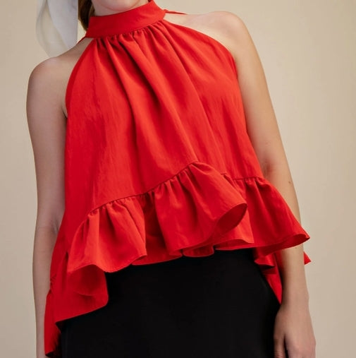 Halter Sleeveless Ruffle Top Red
