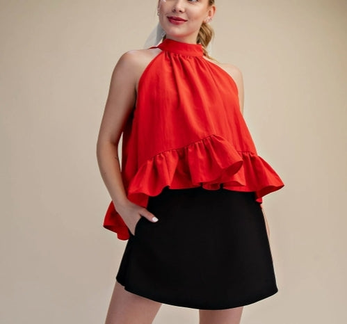 Halter Sleeveless Ruffle Top Red