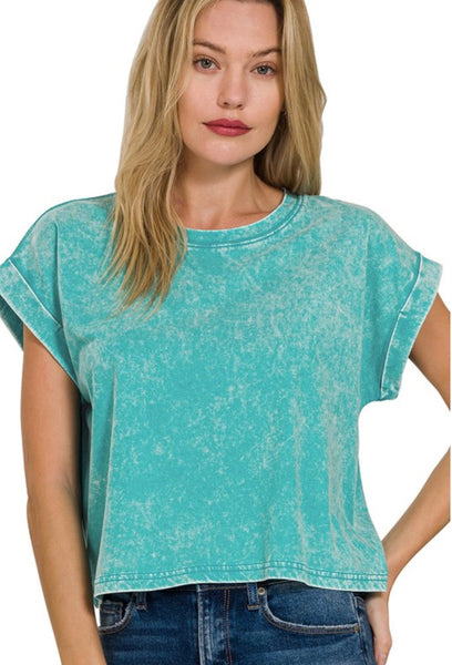 Acid Washed Long Crop Teal Top