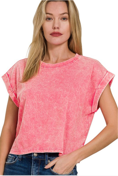 Acid Washed Long Crop Pink Top