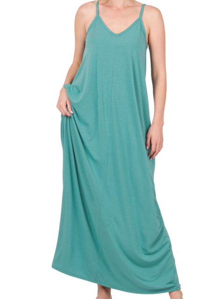 V-Neck Cami Maxi Dress With Side Pockets