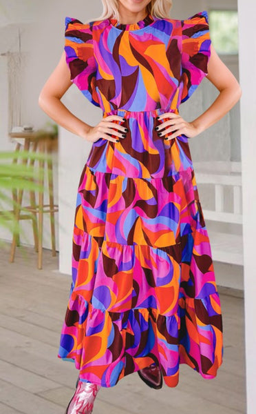 Abstract High Waisted Ruffle Dress