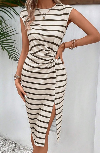 Khaki Striped Side Split Dress